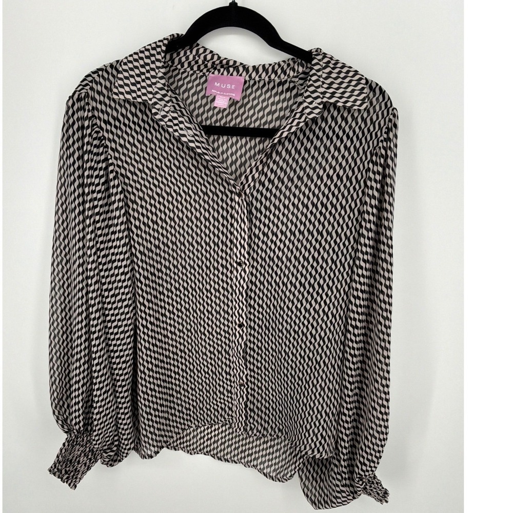 Muse Republic Clothing Sheer Button Front Blouse Size Small Balloon Sleeves